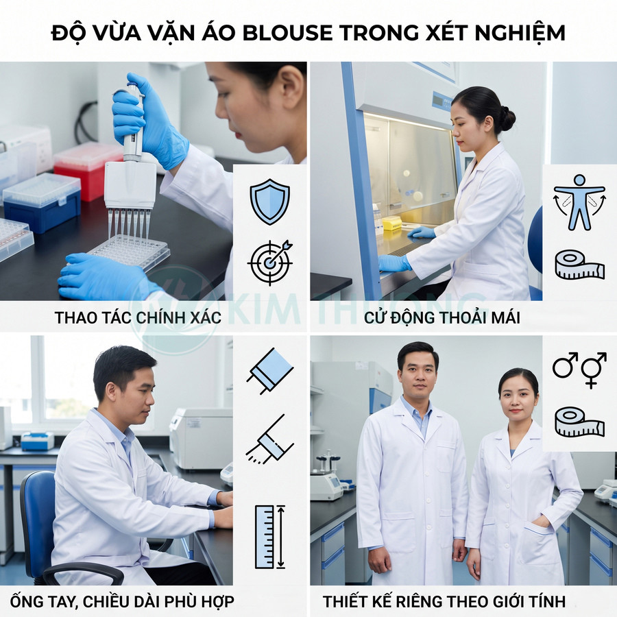 Áo blouse phòng thí nghiệm cho nam nữ, thiết kế vừa vặn, tay áo phù hợp giúp thao tác xét nghiệm chính xác