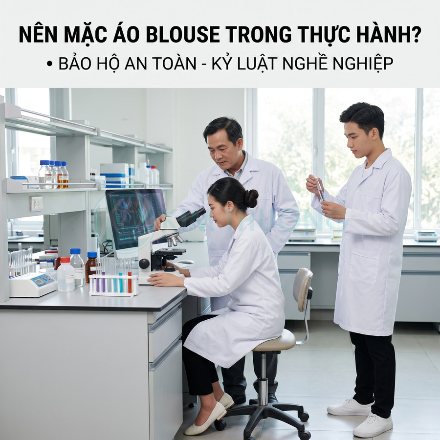Ba nhà nghiên cứu mặc áo blouse trắng làm thí nghiệm trong phòng lab hiện đại