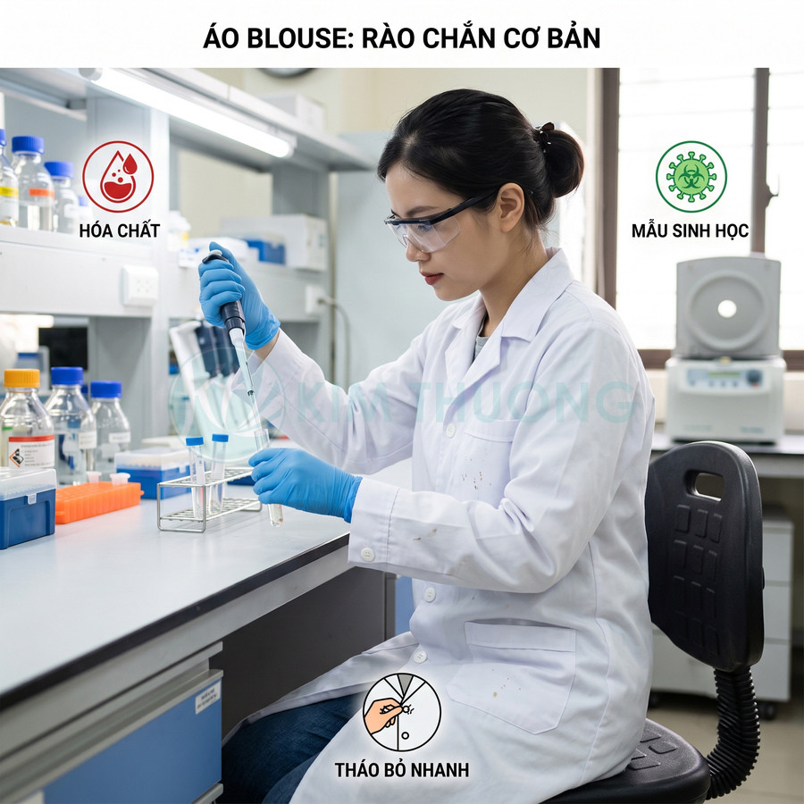 Áo blouse phòng thí nghiệm trắng dài tay cho kỹ thuật viên thao tác với hóa chất và mẫu sinh học