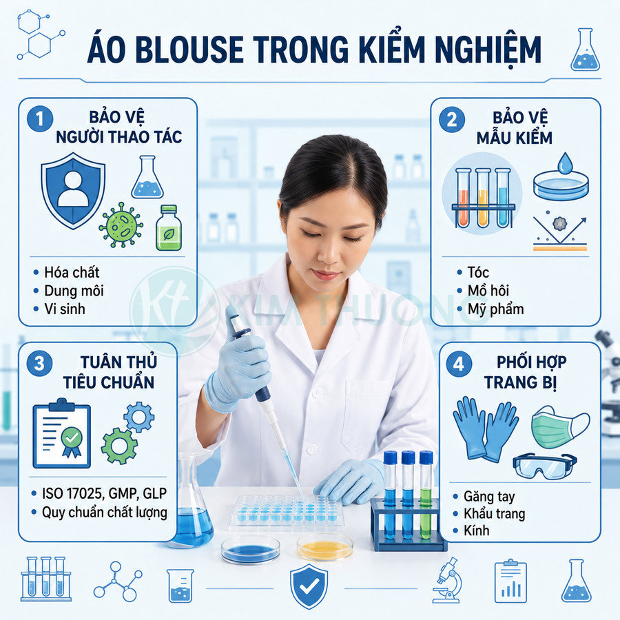 Kỹ thuật viên mặc áo blouse trắng và găng tay đang thao tác xét nghiệm với ống nghiệm trong phòng thí nghiệm