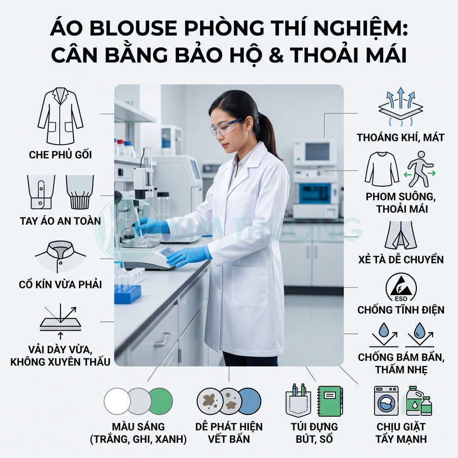 Áo blouse phòng thí nghiệm trắng dài tay cho nữ, chất vải dày vừa, thoáng khí, chống bám bẩn, có túi tiện dụng