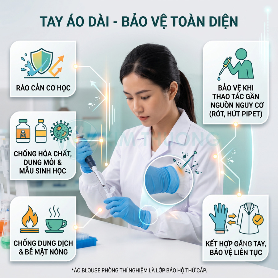 Nhân viên phòng thí nghiệm mặc áo blouse tay dài và găng tay cao su thao tác với ống nghiệm bảo hộ an toàn
