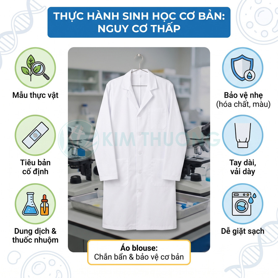 Áo blouse phòng thí nghiệm màu trắng tay dài, vải dày, bảo vệ cơ bản khỏi bụi bẩn và dễ giặt sạch