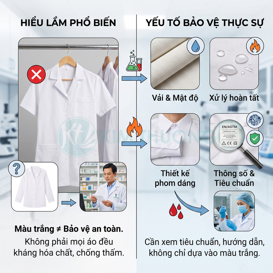 Áo blouse trắng không đồng nghĩa với khả năng kháng hóa chất, chống thấm; cần kiểm tra chất liệu, xử lý, thiết kế và tiêu chuẩn bảo vệ.