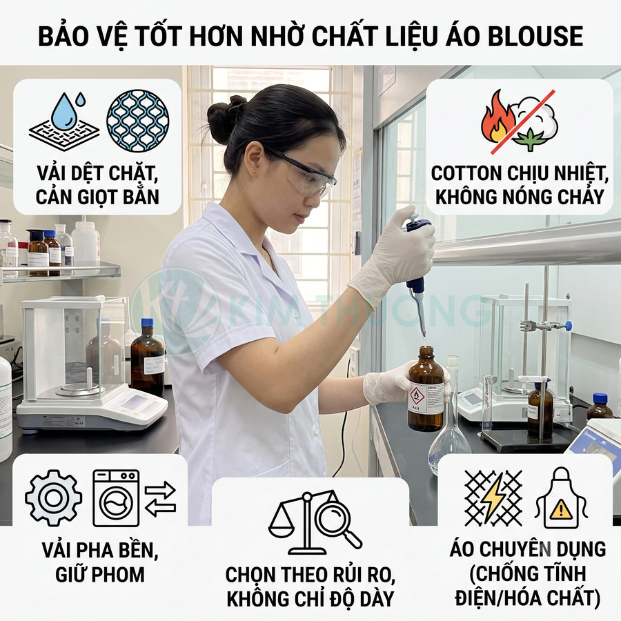 Nhân viên phòng thí nghiệm mặc áo blouse cotton pha bền, chống hóa chất khi thao tác với dung dịch