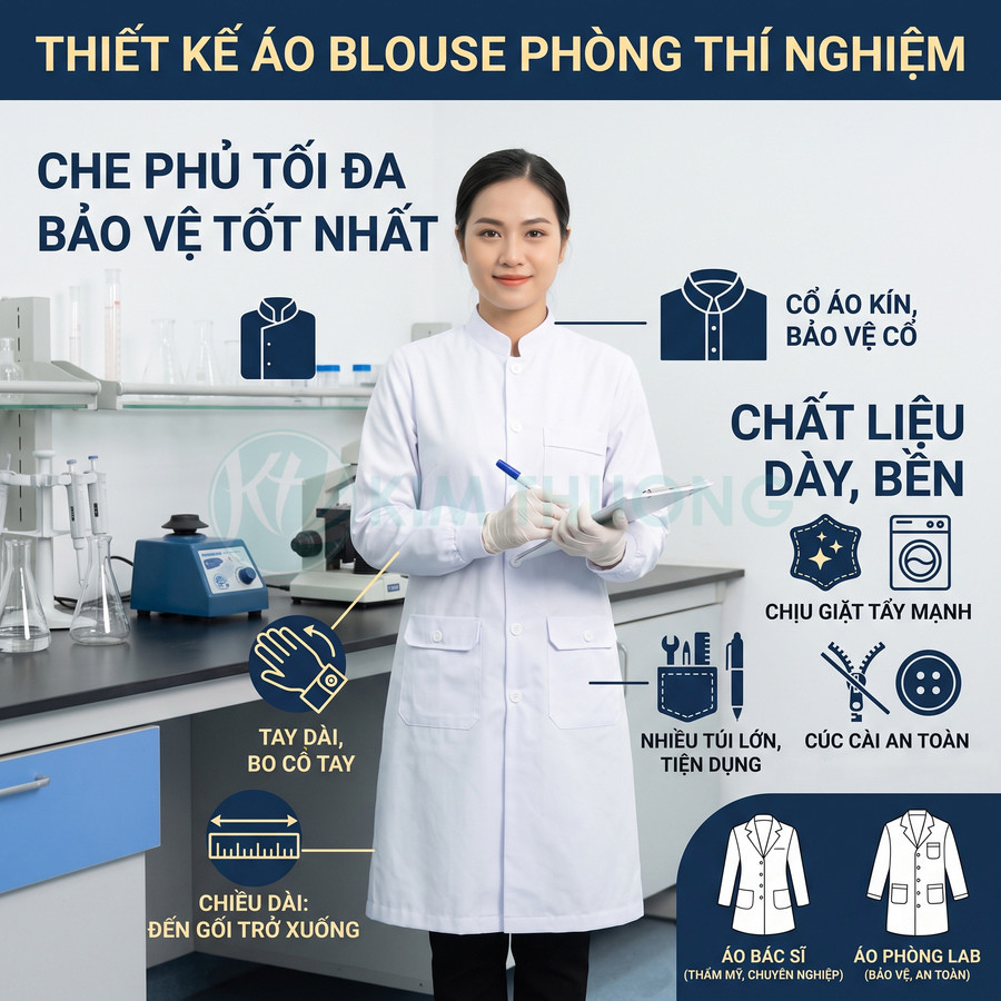 Áo blouse phòng thí nghiệm tay dài cổ kín chất liệu dày bền cho nhân viên y tế đứng trong phòng lab