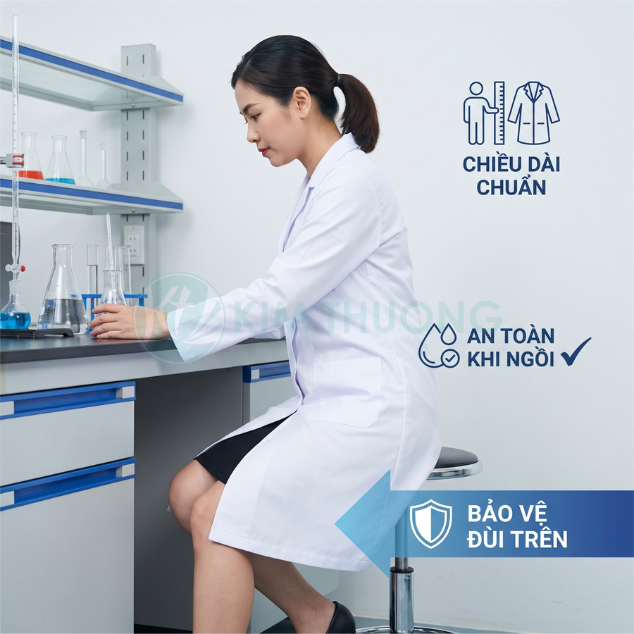 Áo blouse phòng thí nghiệm màu trắng dáng dài, che phủ đùi trên khi ngồi, an toàn và thoải mái vận động