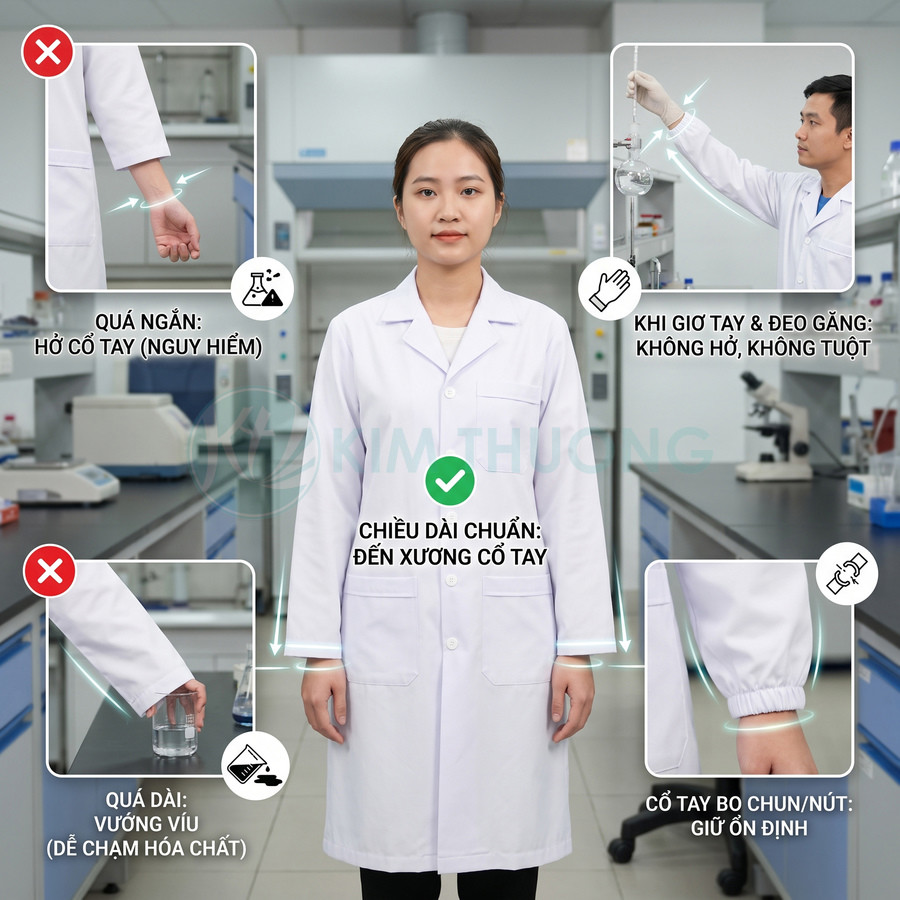 Áo blouse phòng thí nghiệm màu trắng, chiều dài đến cổ tay với cổ tay bo chun giữ ống tay ổn định