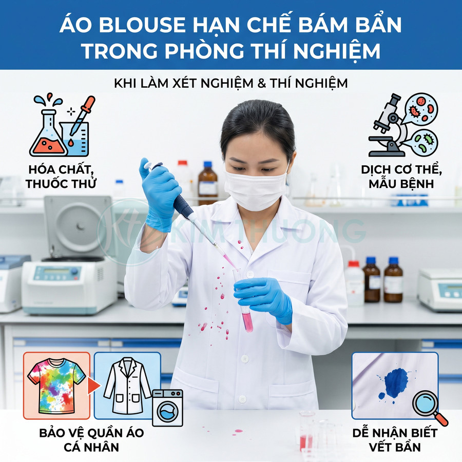 Áo blouse phòng thí nghiệm chống bám bẩn cho kỹ thuật viên khi thao tác với hóa chất và mẫu xét nghiệm