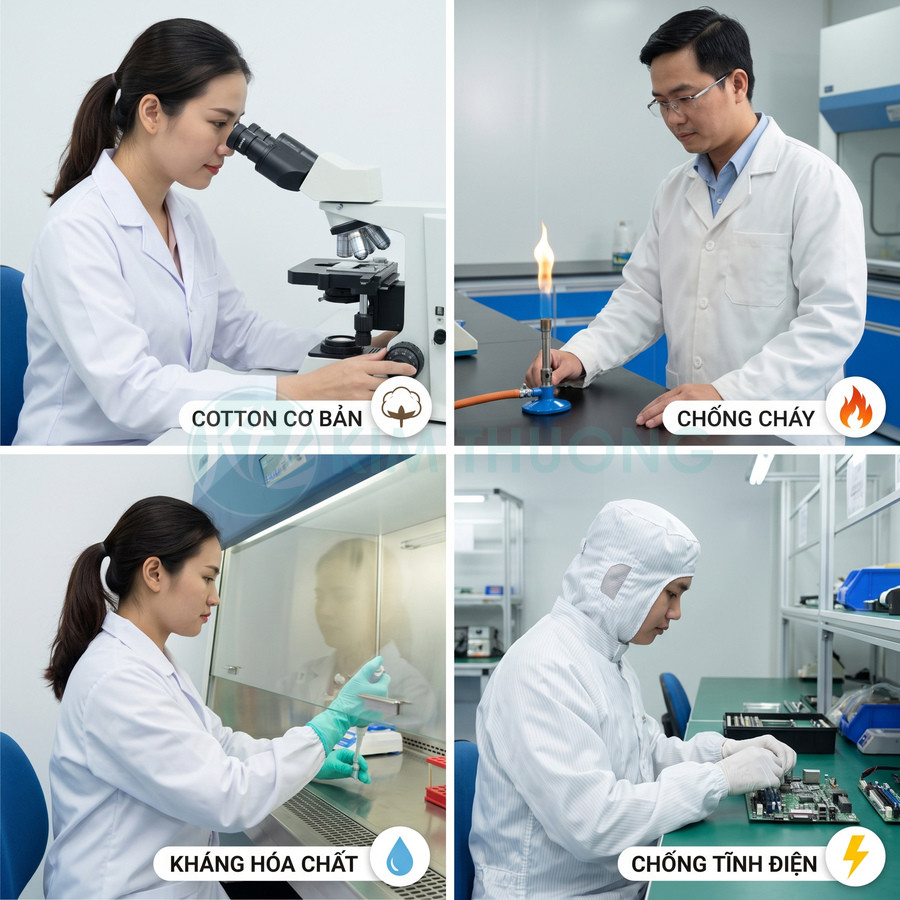 Áo bảo hộ phòng thí nghiệm với các tính năng cotton, chống cháy, kháng hóa chất và chống tĩnh điện