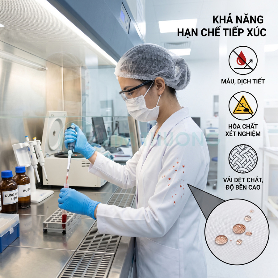 Áo blouse phòng thí nghiệm chống bám máu và hóa chất, vải dệt bền, nữ kỹ thuật viên đang thao tác xét nghiệm