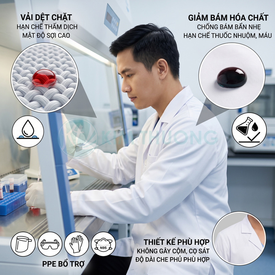 Áo blouse phòng thí nghiệm vải dệt chặt chống thấm hóa chất, bác sĩ nam đang làm việc trong tủ an toàn sinh học
