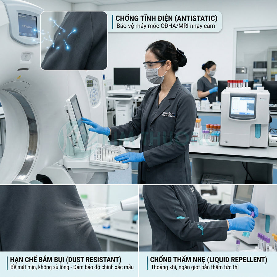 Áo blouse phòng thí nghiệm chống tĩnh điện, chống bám bụi và chống thấm nhẹ cho nhân viên y tế