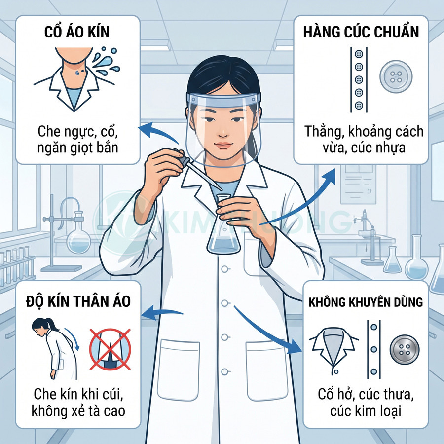 Áo blouse phòng thí nghiệm màu trắng cổ kín, hàng cúc nhựa thẳng và thân áo che kín khi cúi