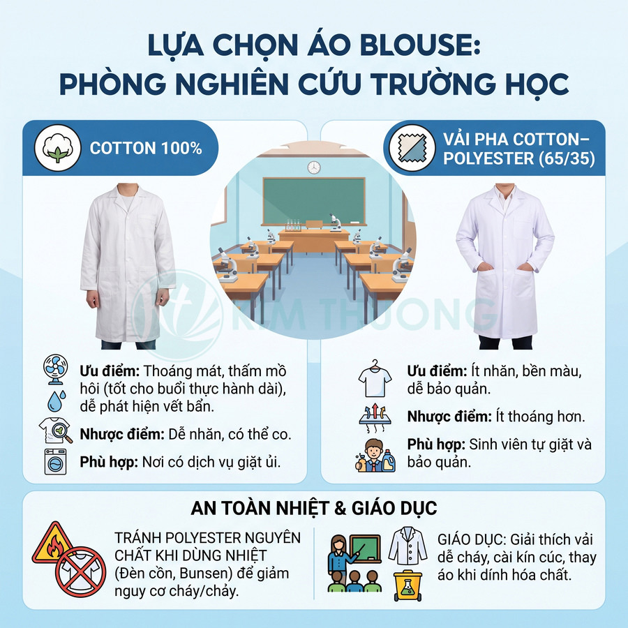 So sánh áo blouse phòng thí nghiệm bằng cotton 100% và vải pha cotton polyester 65/35, kèm ưu nhược điểm và lưu ý an toàn.