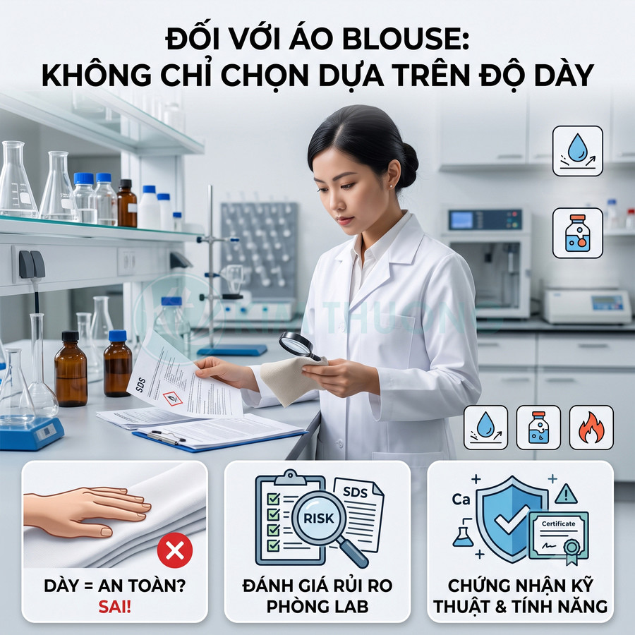 Áo blouse phòng thí nghiệm nữ kiểm tra mẫu vải và tài liệu an toàn hóa chất trên bàn lab
