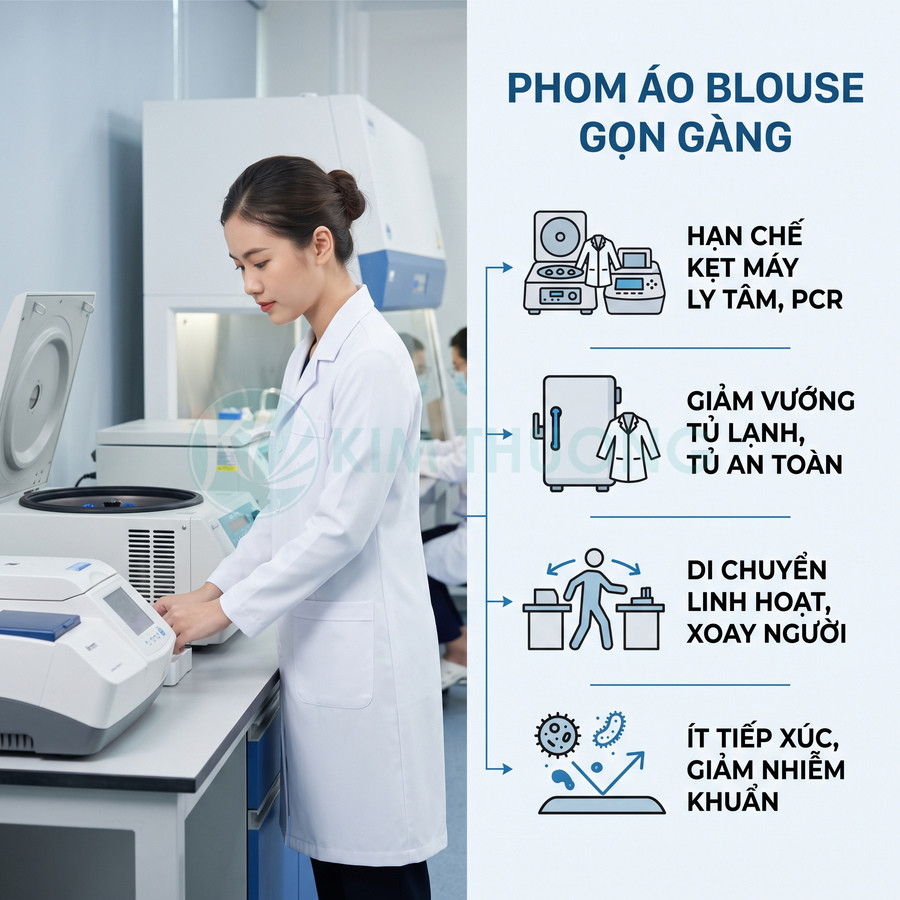 Áo blouse phòng thí nghiệm phom gọn gàng cho nữ kỹ thuật viên, dễ di chuyển và hạn chế vướng máy móc, giảm nguy cơ nhiễm khuẩn