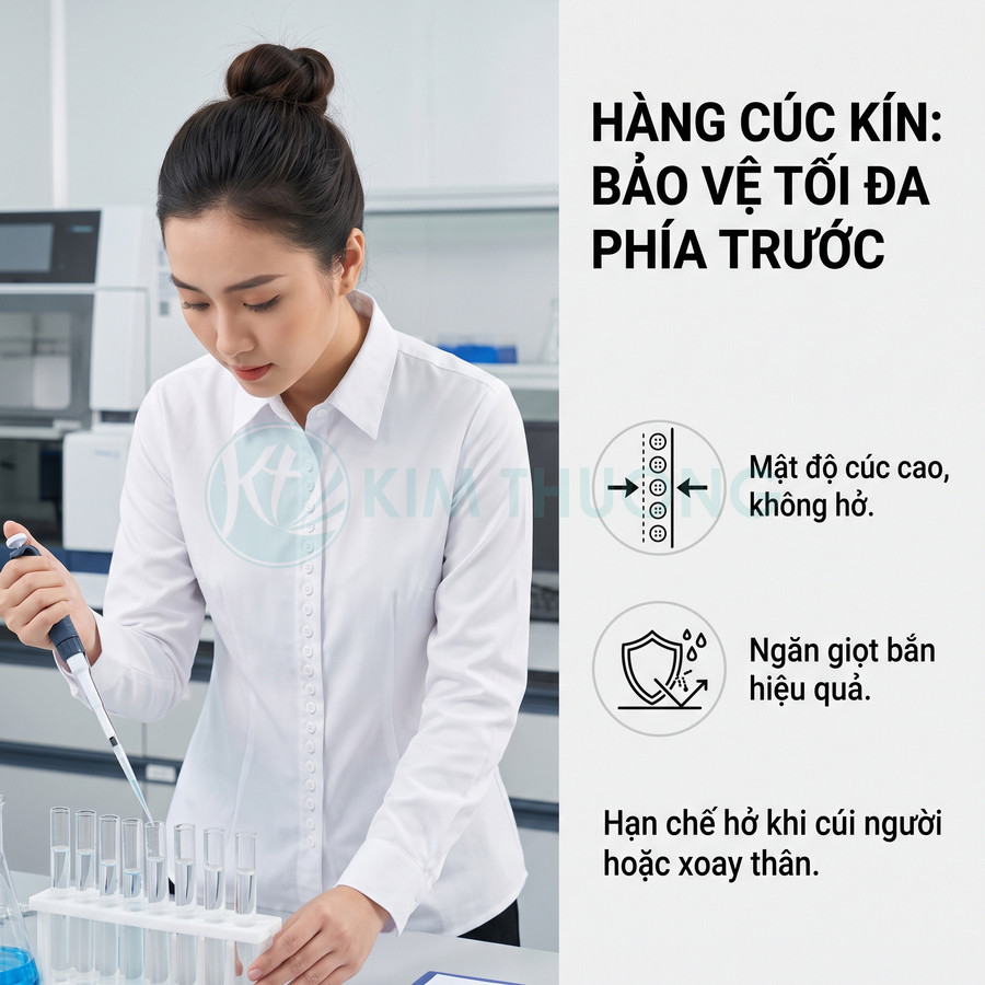 Áo blouse phòng thí nghiệm nữ màu trắng hàng cúc kín bảo vệ tối đa phía trước khi làm việc với ống nghiệm