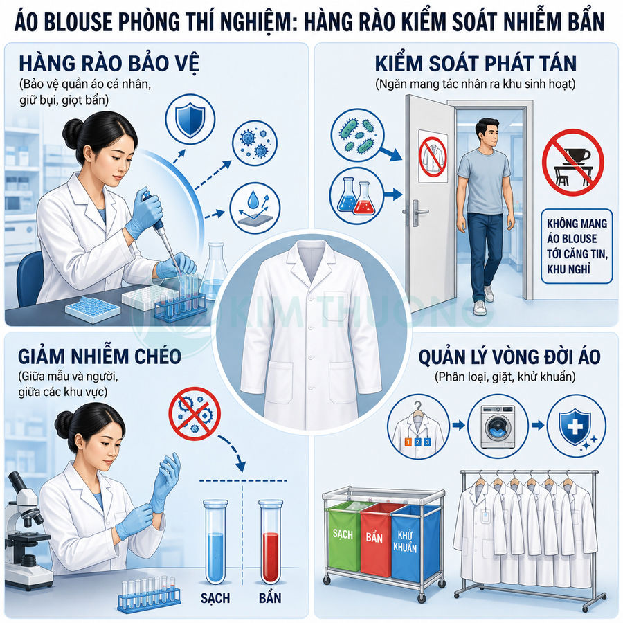 Áo blouse phòng thí nghiệm màu trắng cho nhân viên y tế, minh họa công dụng bảo vệ và kiểm soát nhiễm khuẩn