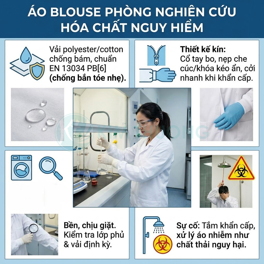 Áo blouse phòng thí nghiệm chống bắn tóe hóa chất nhẹ, thiết kế kín với cổ tay bo và khóa kéo an toàn.