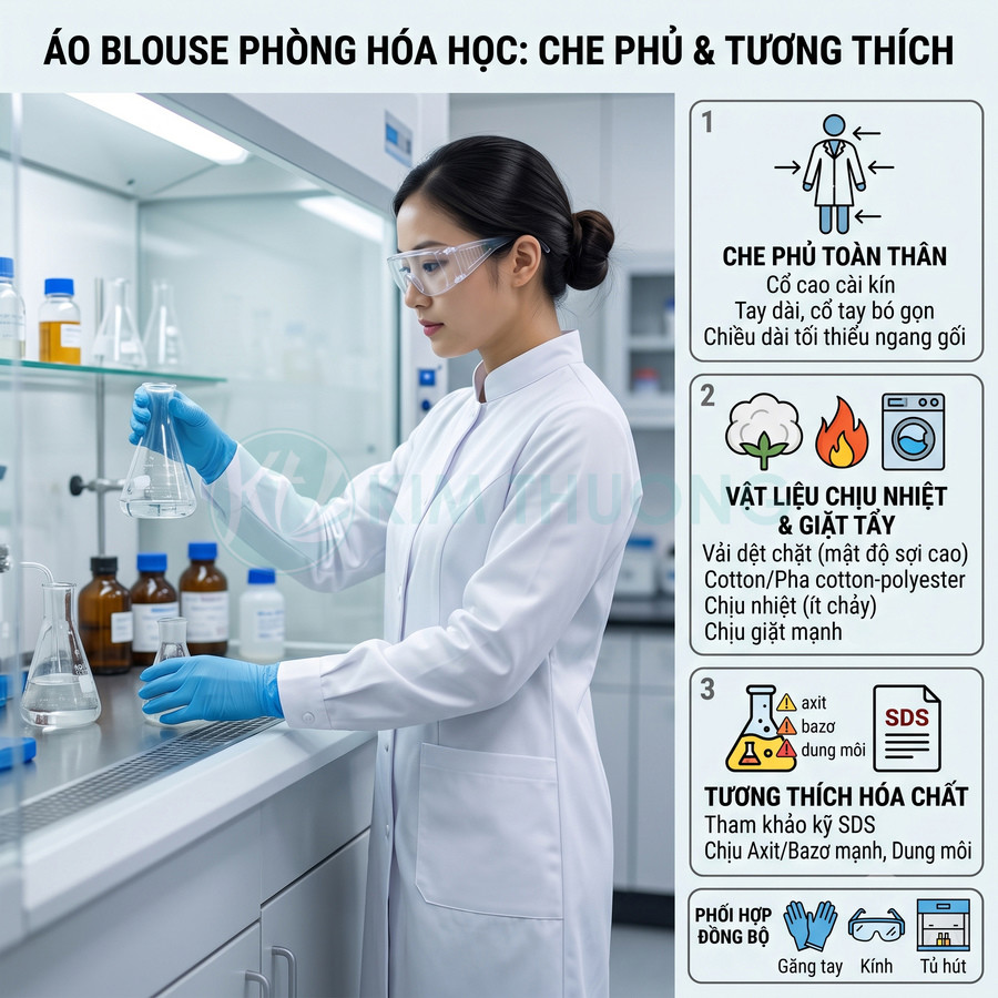 Áo blouse phòng hóa học màu trắng dài tay cho nữ, cổ cao cài kín, dùng trong phòng thí nghiệm
