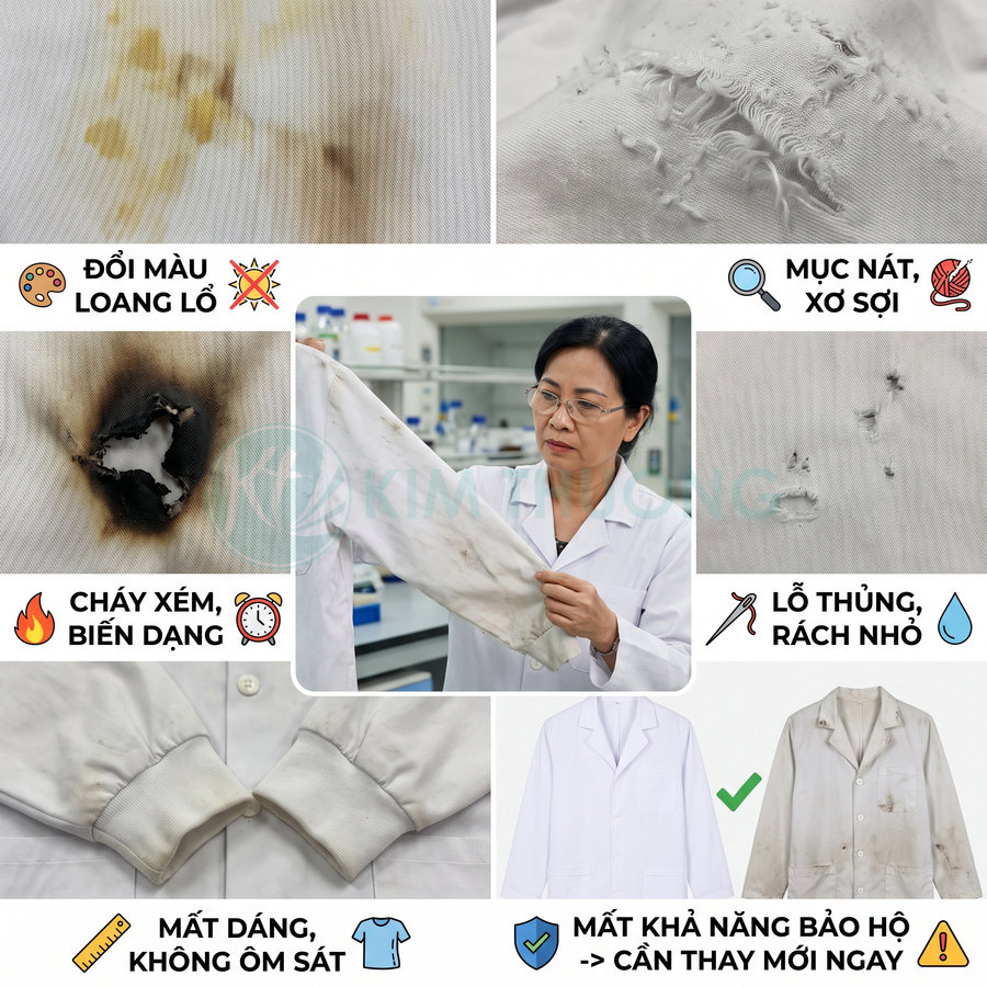 Áo blouse phòng thí nghiệm bị ố bẩn, cháy xém, sờn rách và biến dạng, cần thay mới để đảm bảo bảo hộ
