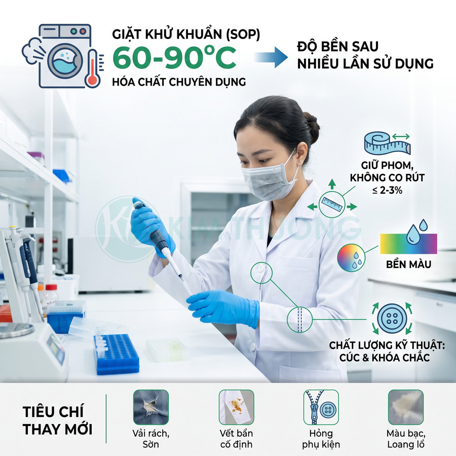 Áo blouse phòng thí nghiệm kháng khuẩn bền màu, giữ phom, nữ kỹ thuật viên y tế đang thao tác trong lab