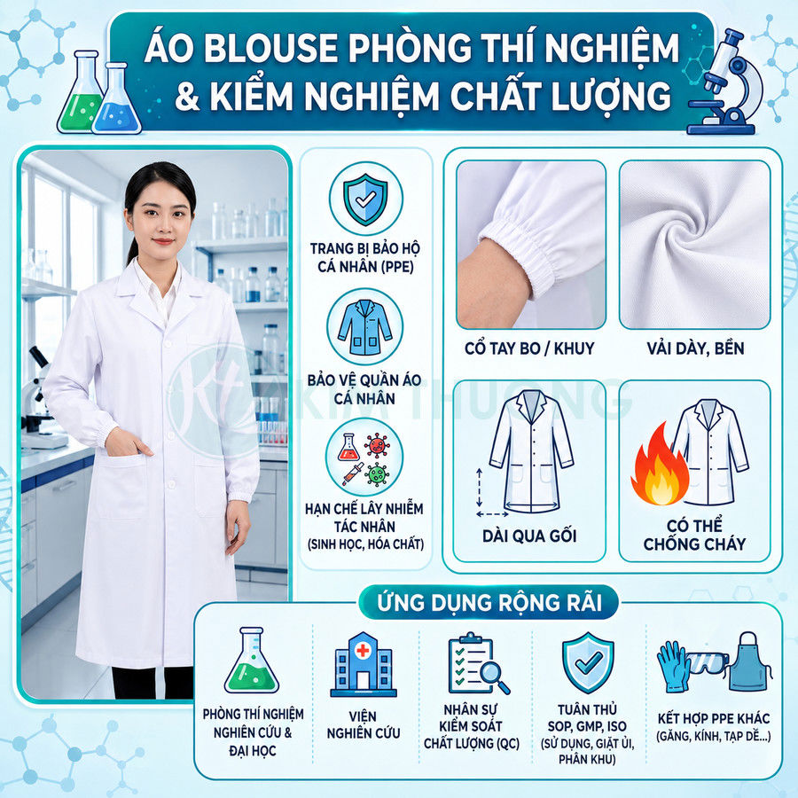 Áo blouse phòng thí nghiệm trắng dài tay cổ bẻ cho nhân viên nghiên cứu và kiểm nghiệm chất lượng