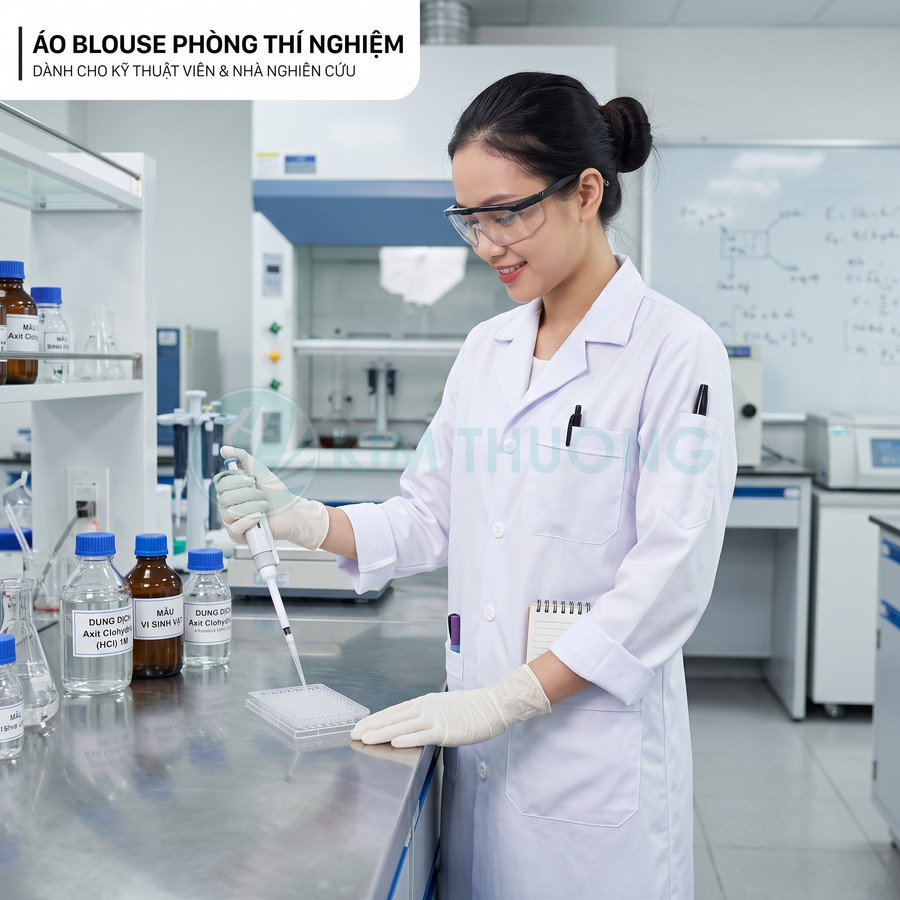 Áo blouse phòng thí nghiệm trắng cho kỹ thuật viên nữ làm việc trong phòng lab hiện đại