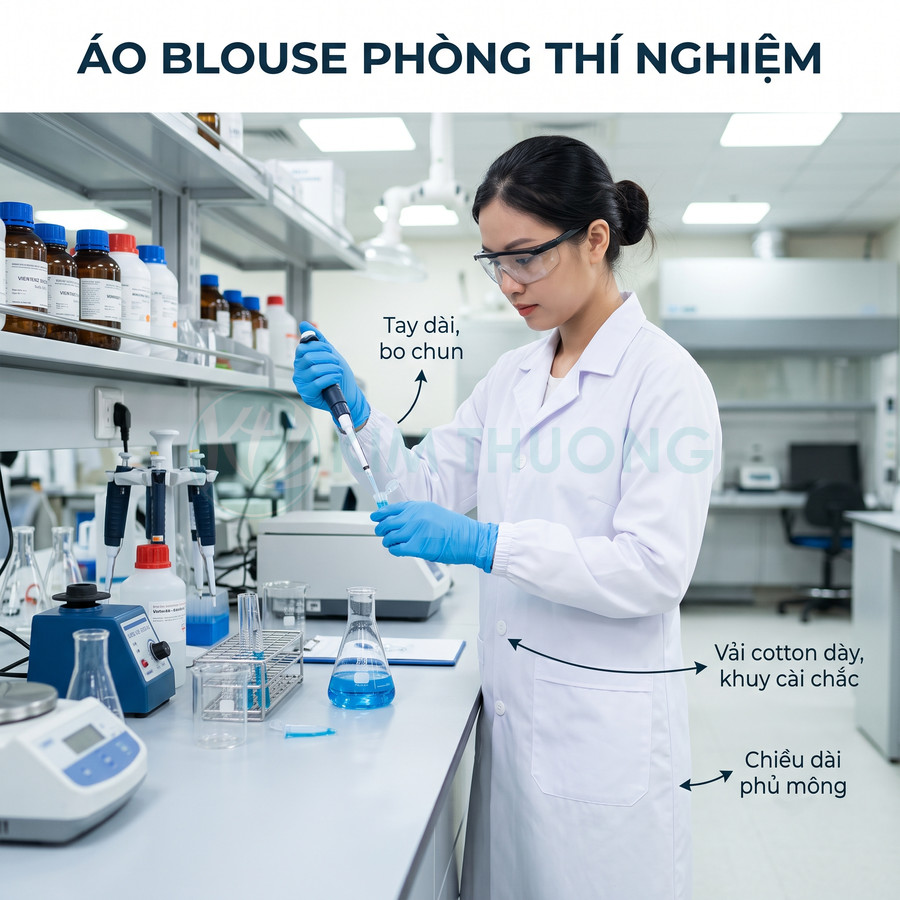 Áo blouse phòng thí nghiệm tay dài bo chun vải cotton dày khuy cài chắc cho kỹ thuật viên khoa học