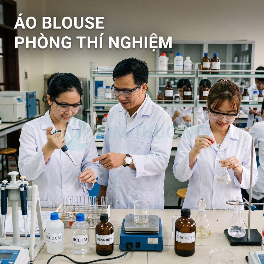 Áo blouse phòng thí nghiệm trắng cho kỹ thuật viên và sinh viên hóa học đang làm thí nghiệm