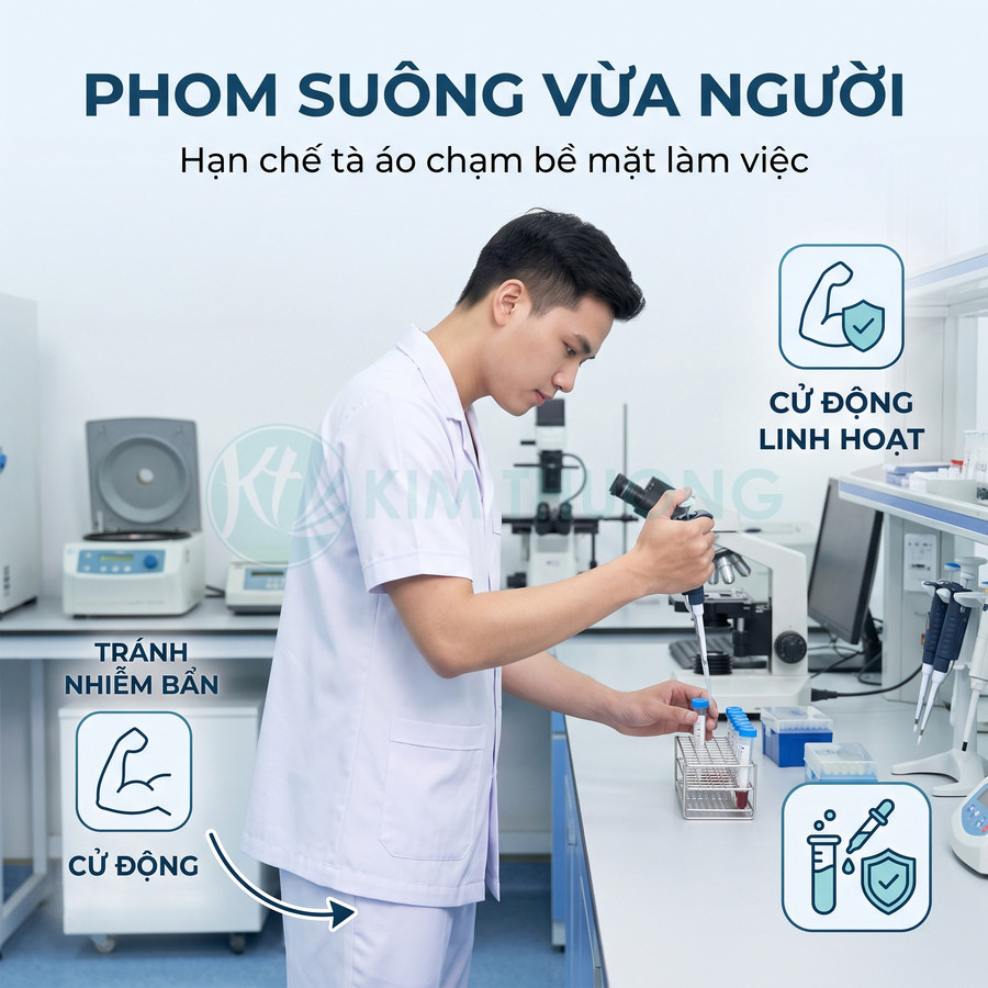 Nhân viên phòng thí nghiệm mặc đồng phục blouse trắng phom suông vừa người thao tác với ống nghiệm