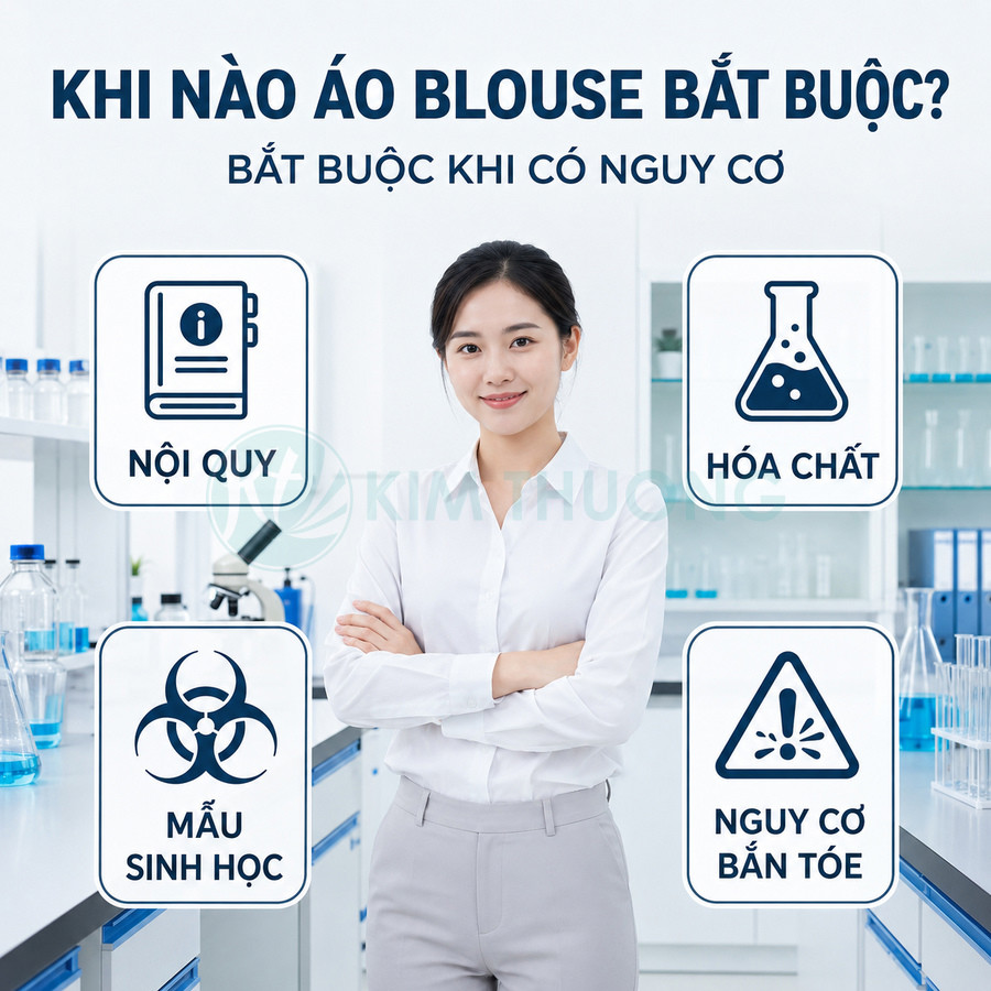 Nhân viên phòng thí nghiệm mặc áo blouse trắng đứng giữa các biểu tượng nội quy hóa chất mẫu sinh học