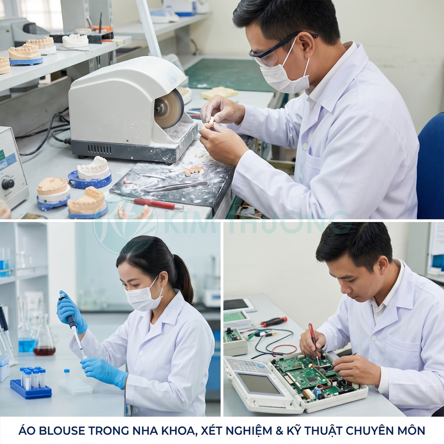 Áo blouse trắng cho nha khoa xét nghiệm và kỹ thuật viên phòng lab đeo khẩu trang làm việc