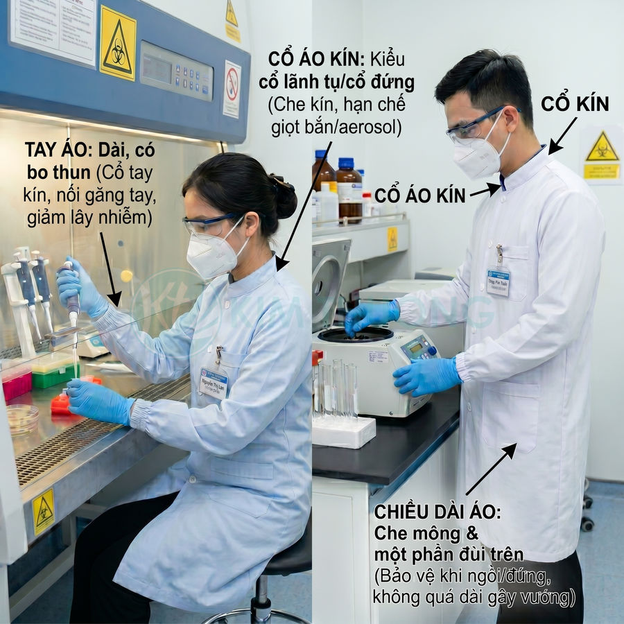 Áo blouse phòng thí nghiệm tay bo thun cổ kín cho kỹ thuật viên y tế đeo khẩu trang và găng tay làm việc