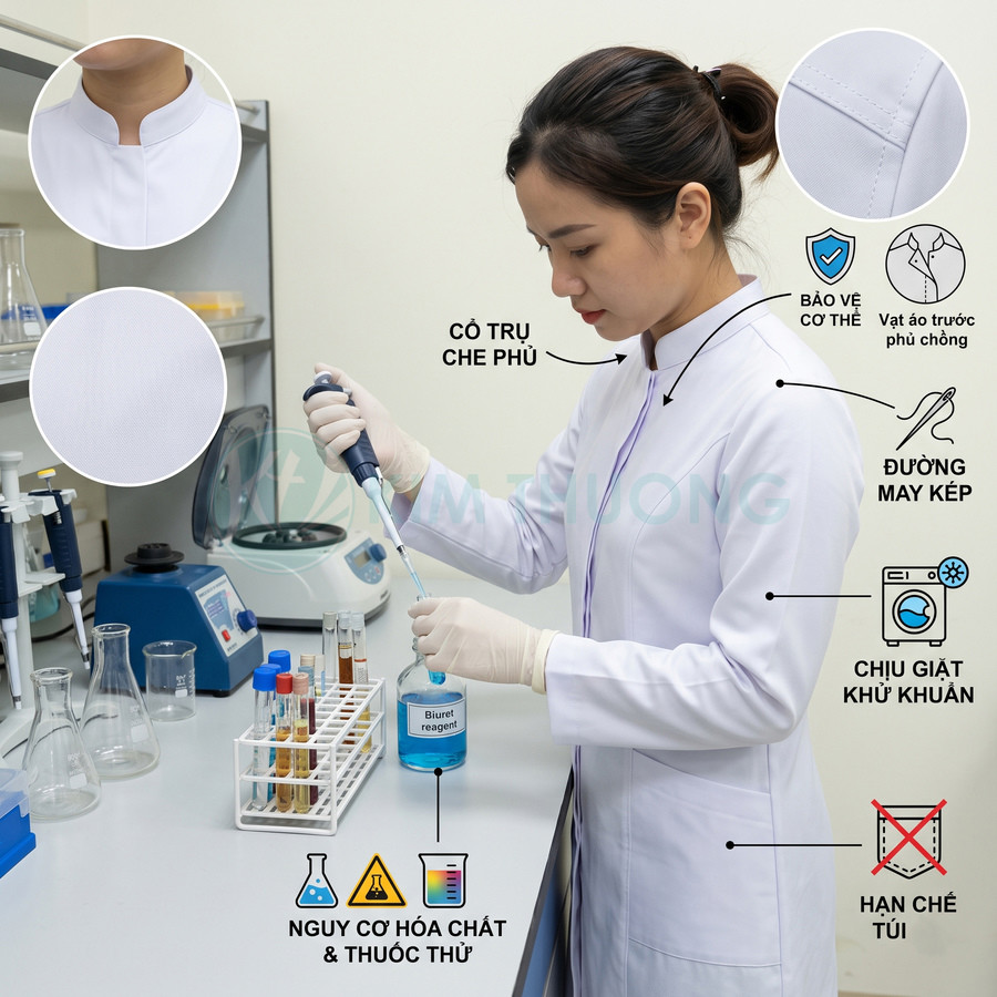 Áo blouse phòng thí nghiệm nữ cổ trụ màu trắng, chất liệu dày bảo vệ cơ thể khi làm việc với hóa chất