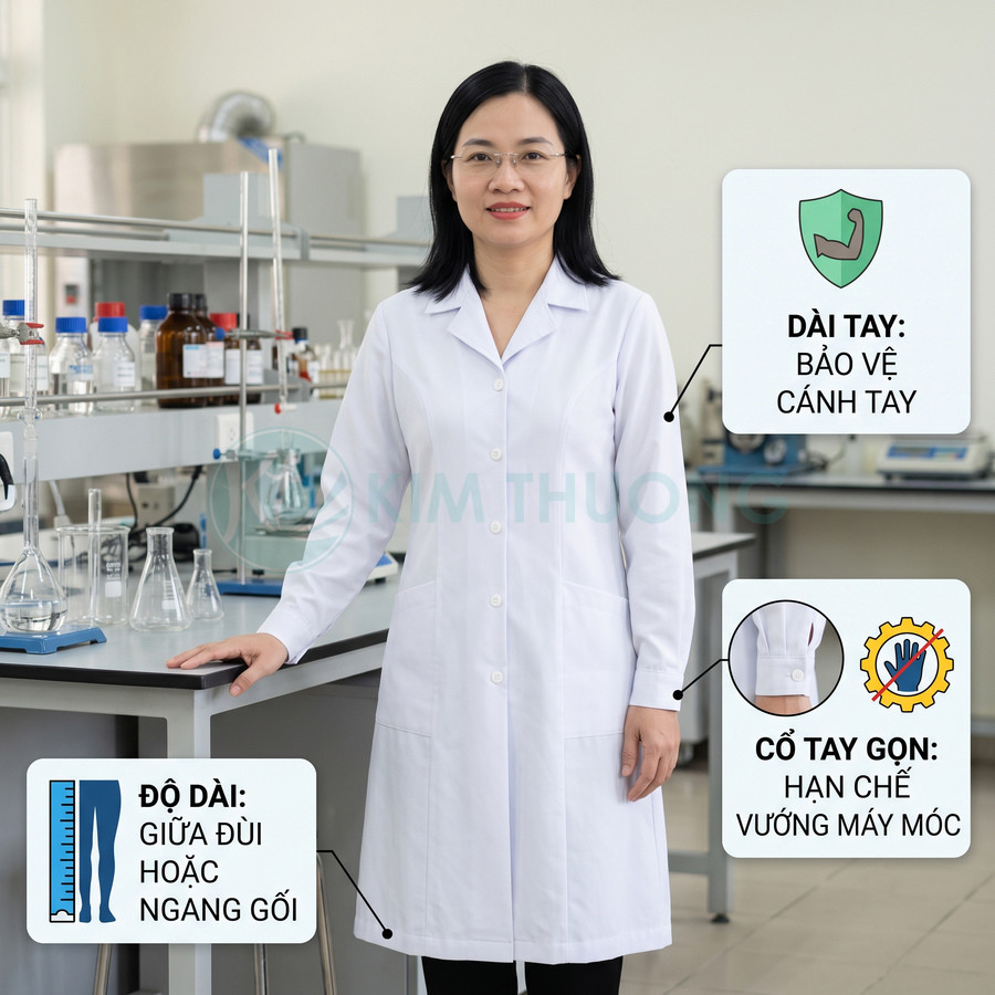 Áo blouse trắng dài tay cho nữ dược sĩ trong phòng thí nghiệm, thiết kế cổ tay gọn và dài ngang gối