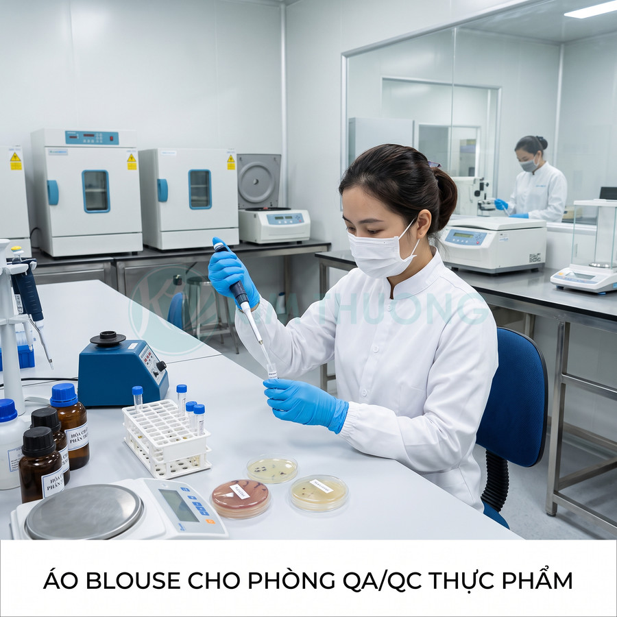 Áo blouse phòng thí nghiệm cho nhân viên QA QC thực phẩm đang thao tác kiểm nghiệm mẫu