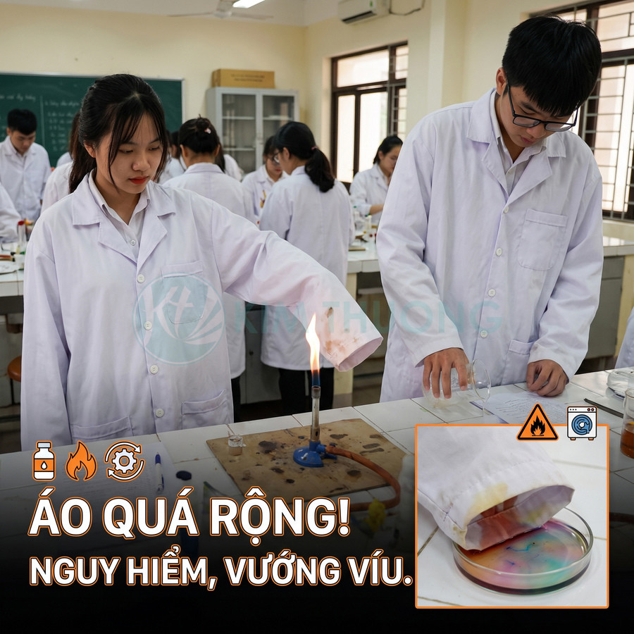 Áo blouse phòng thí nghiệm quá rộng, tay áo vướng gần đèn cồn gây nguy cơ cháy và mất an toàn