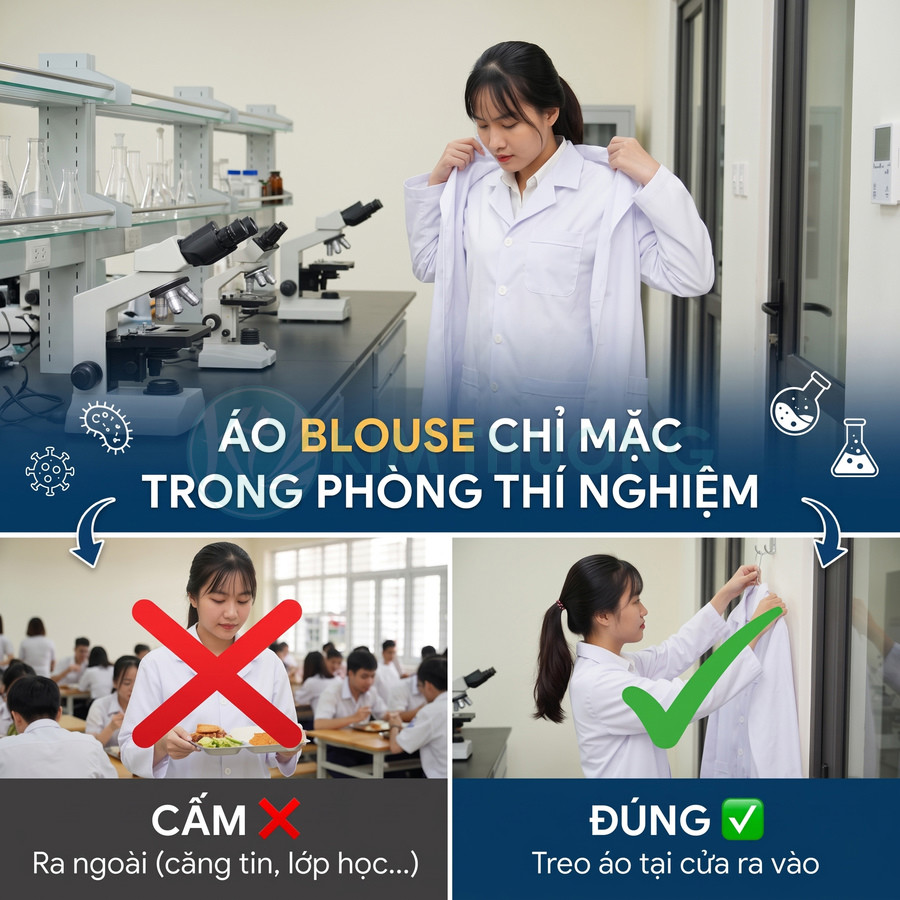 Áo blouse trắng được treo tại cửa ra vào phòng thí nghiệm, không mặc ra ngoài như căng tin hoặc lớp học