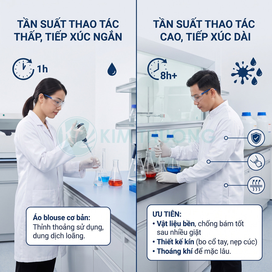 Áo blouse phòng thí nghiệm cho thao tác ít tiếp xúc ngắn và thao tác thường xuyên tiếp xúc lâu dài