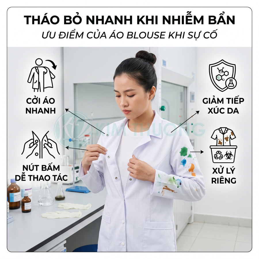 Áo blouse phòng thí nghiệm nút bấm dễ tháo, tay áo dính hóa chất giúp giảm tiếp xúc da và xử lý riêng