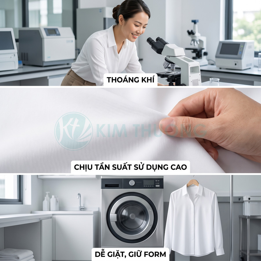 Áo blouse phòng thí nghiệm Kim Thịnh vải trắng thoáng khí bền chắc dễ giặt giữ form cho nhân viên y tế