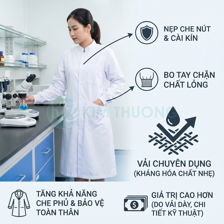 Áo blouse phòng thí nghiệm màu trắng với nẹp che nút, bo tay chặn chất lỏng và vải chuyên dụng kháng hóa chất nhẹ