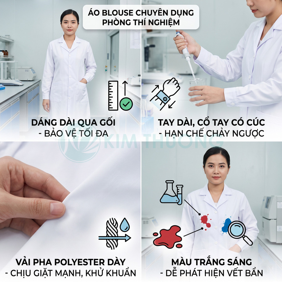Áo blouse phòng thí nghiệm màu trắng dáng dài qua gối tay dài vải polyester dày cho nhân viên y tế