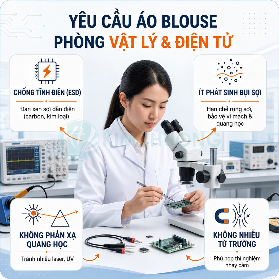 Nữ kỹ sư mặc áo blouse phòng sạch đang kiểm tra mạch điện tử dưới kính hiển vi trong phòng thí nghiệm