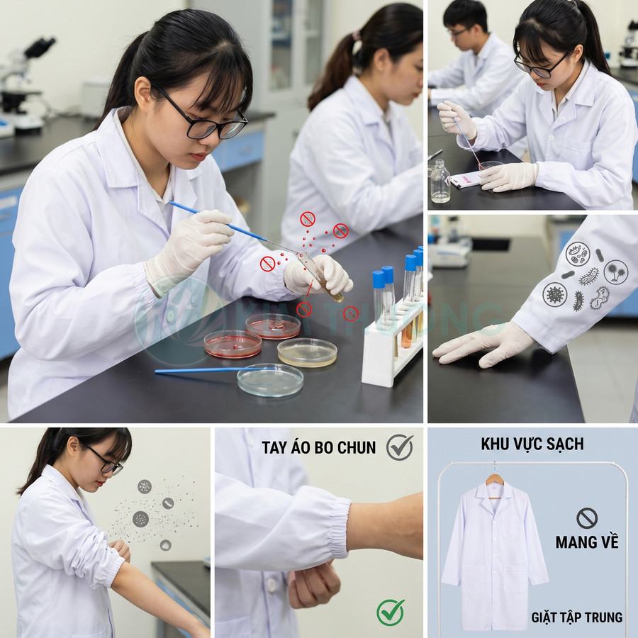 Áo blouse phòng thí nghiệm tay bo chun giúp bảo vệ khi làm việc trong khu vực sạch, hạn chế mang về và giặt tập trung
