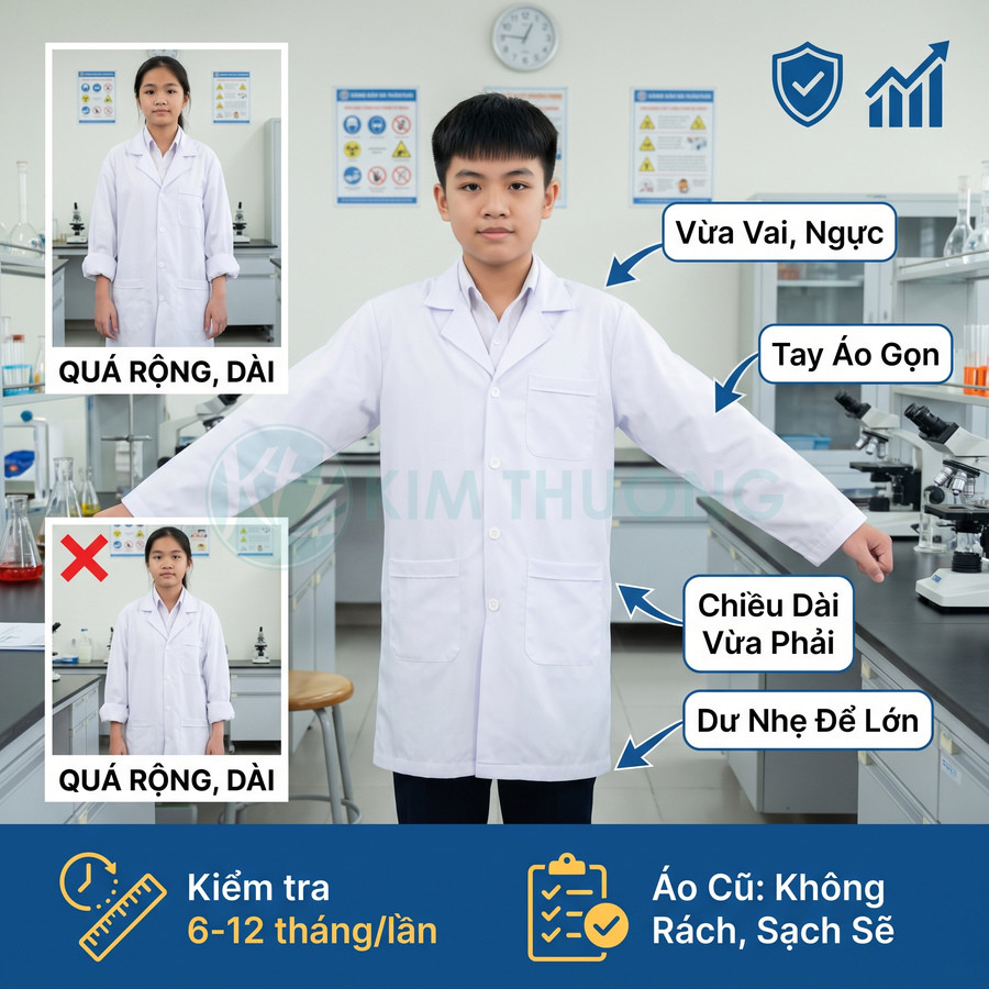 Áo blouse phòng thí nghiệm màu trắng vừa vặn, tay áo gọn và chiều dài phù hợp với người mặc