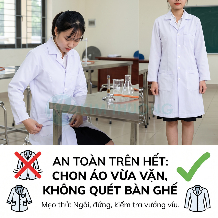 Áo blouse phòng thí nghiệm màu trắng dáng dài, vừa vặn, có túi trước và không quét bàn ghế khi ngồi hoặc đứng.