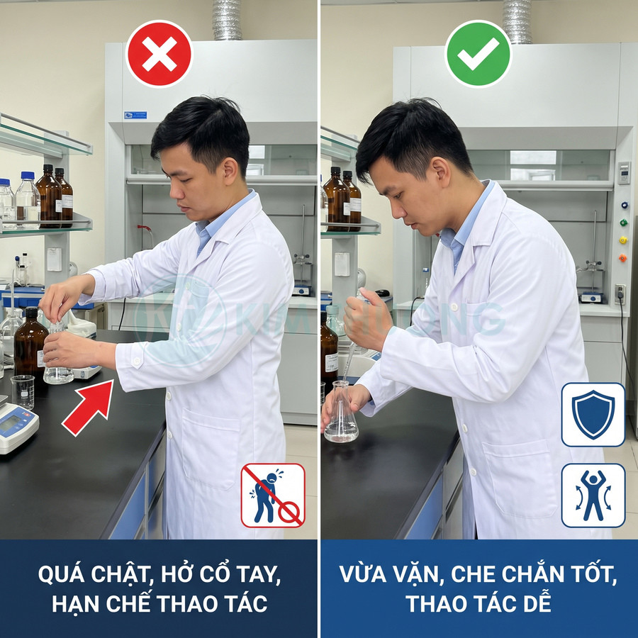 Áo blouse phòng thí nghiệm có tay áo vừa vặn che kín cổ tay, giúp thao tác dễ dàngમા